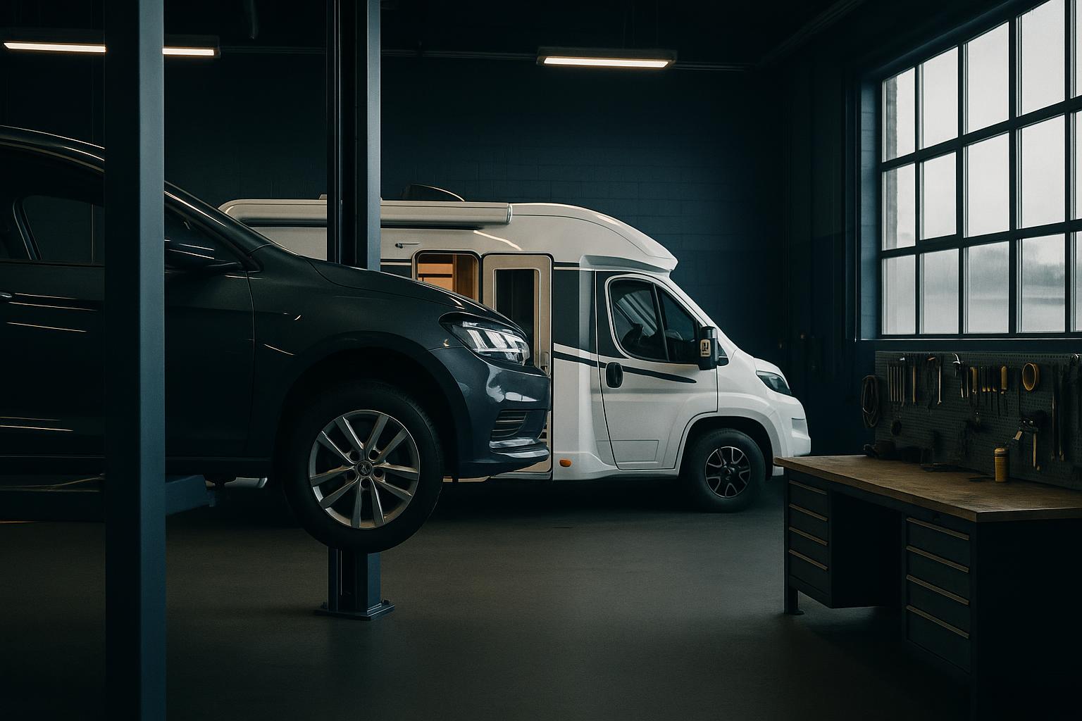 Werkstatt-Innenraum — PKW und Reisemobil unter einem Dach